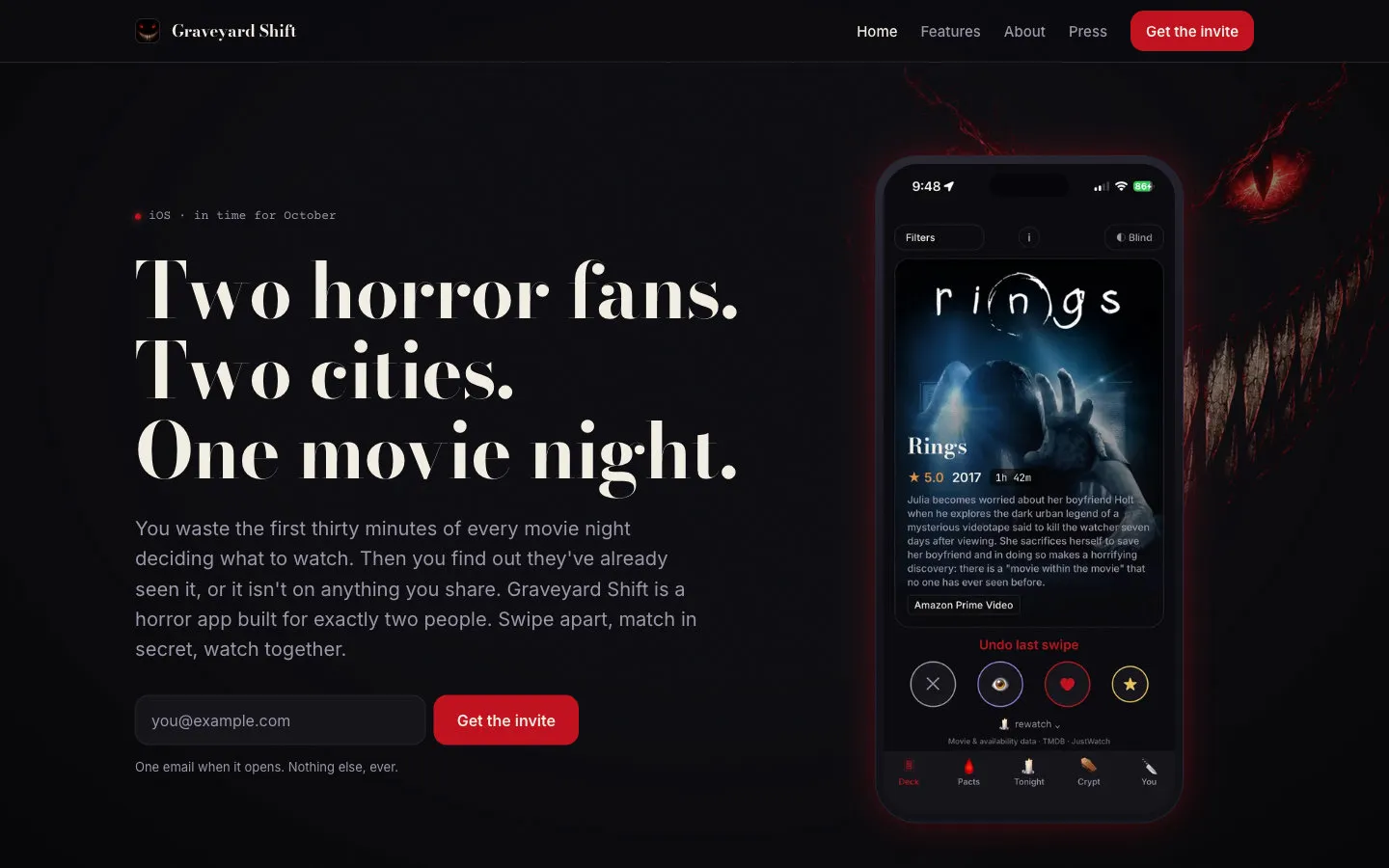 The Graveyard Shift home page at desktop width: the headline “Two horror fans. Two cities. One movie night.”, an email field to get an invite, and a phone showing the app’s swipe deck of horror films.
