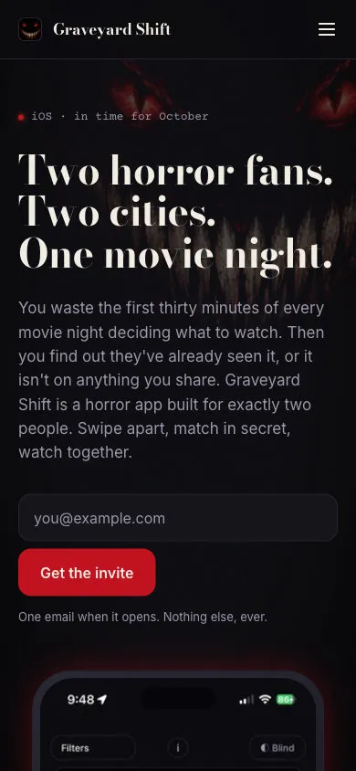 The same page on a phone: the headline, a short description, and the invite sign-up.