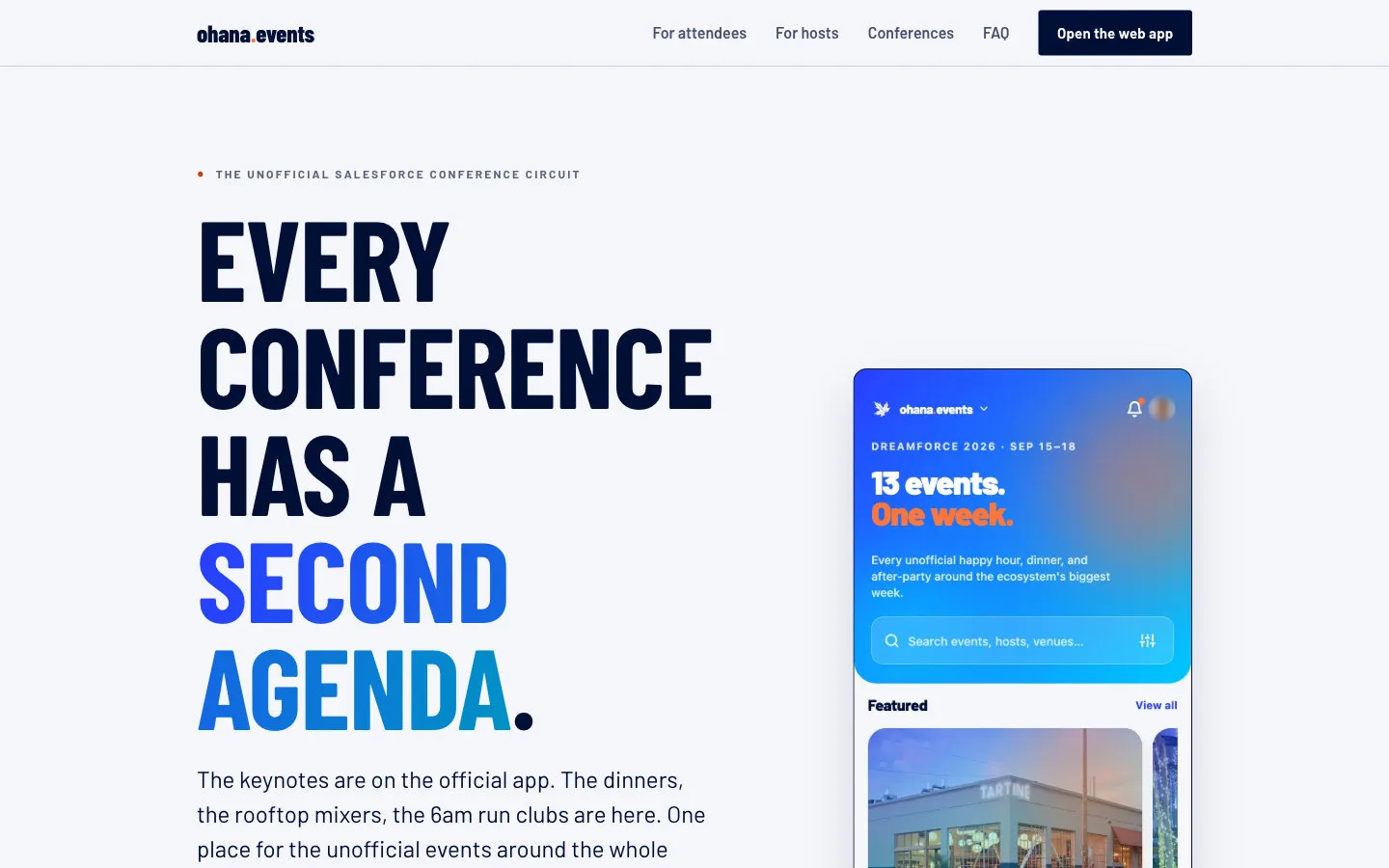The Ohana Events home page at desktop width: the headline “Every conference has a second agenda.” beside a phone screen from the app, with a search bar and featured side events.