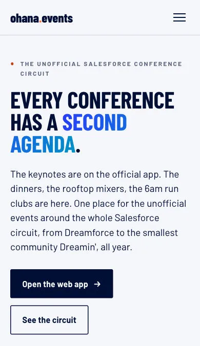 The same page on a phone: the headline, a short description, and buttons to open the web app or see the conference circuit.