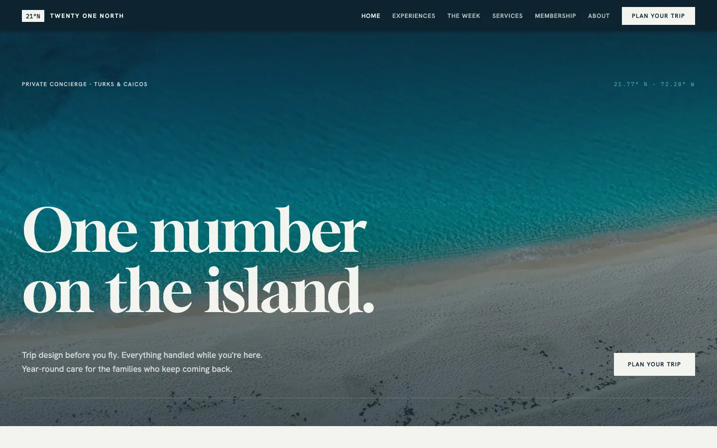 The Twenty One North home page at desktop width: an aerial view of turquoise water and white sand behind the headline “One number on the island.” and a button to plan a trip.